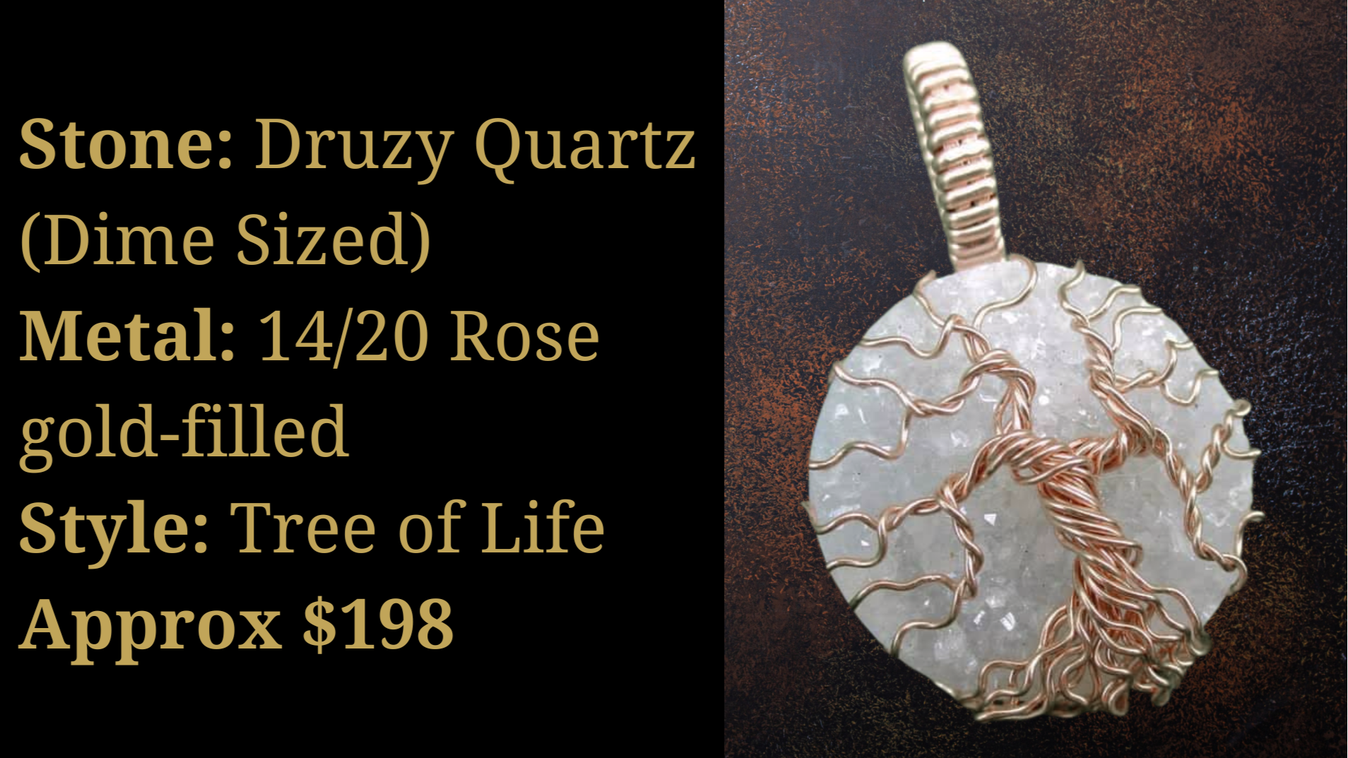 Tree of Life pendant with Druzy Quartz stone and rose gold-filled wire wrapping on a dark background.