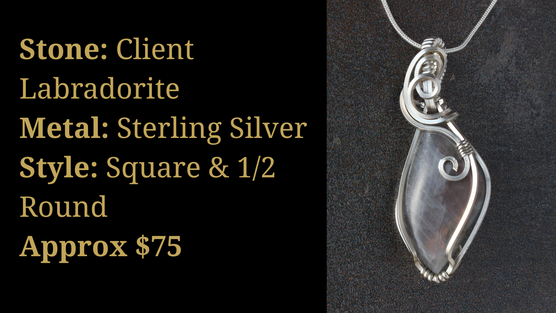 Silver pendant with Labradorite stone on a dark background, labeled with stone type, metal, style, and price.