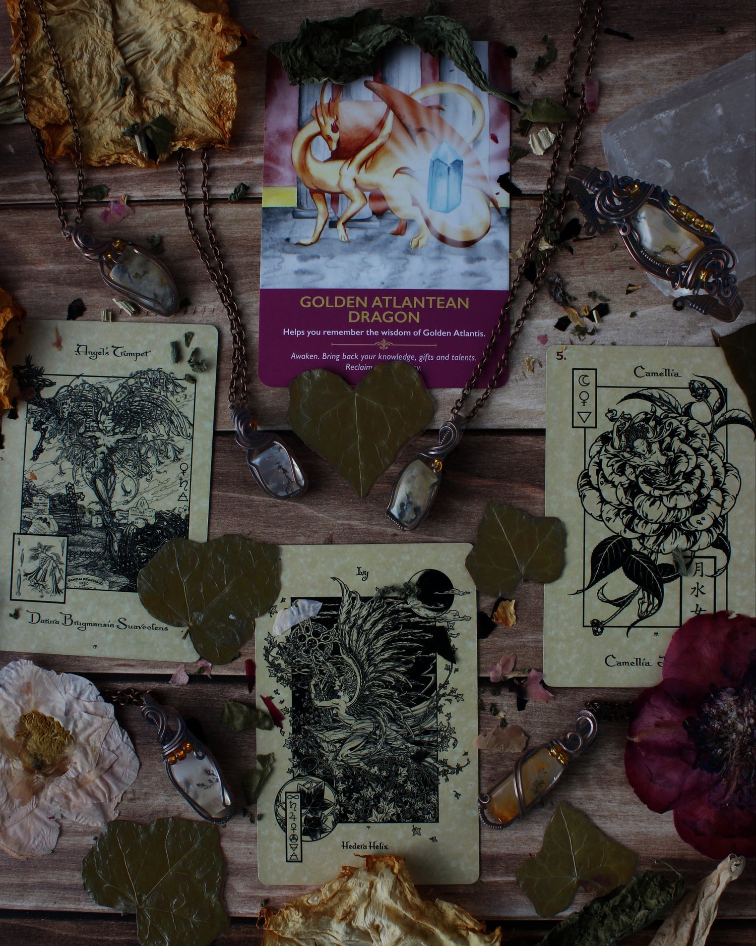 Collection of oracle cards, wire wrapped jewelry, and nature elements on a wooden surface