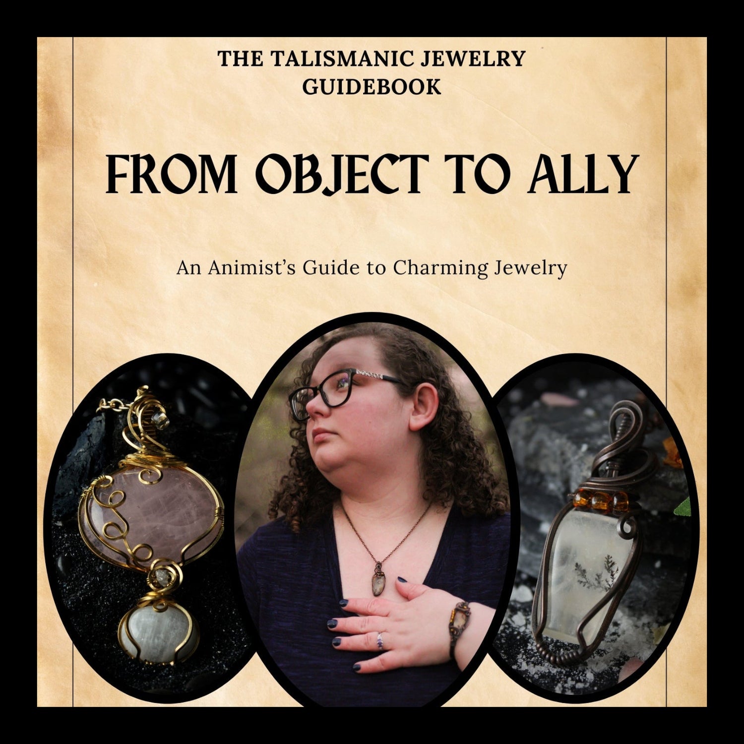 Cover of 'The Talismanic Jewelry Guidebook' with jewelry images and a person wearing jewelry.