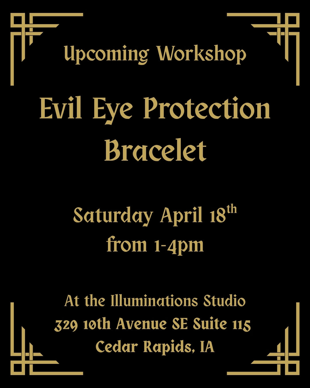Advertisement for an upcoming workshop on evil eye protection bracelet with event details.