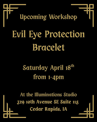 Advertisement for an upcoming workshop on evil eye protection bracelet with event details.