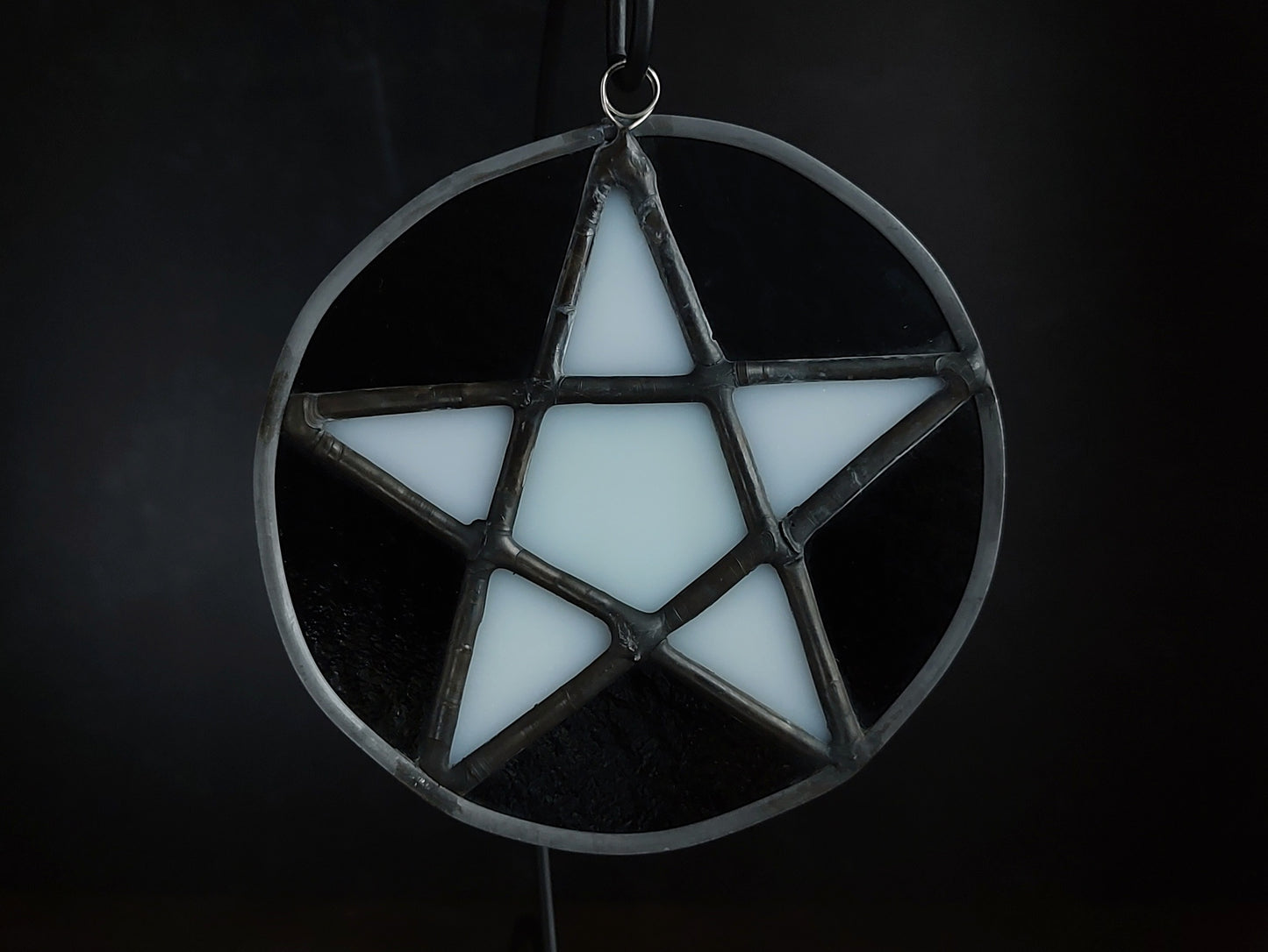 Pentacle Suncatcher - Black and White Iridescent Stained Glass