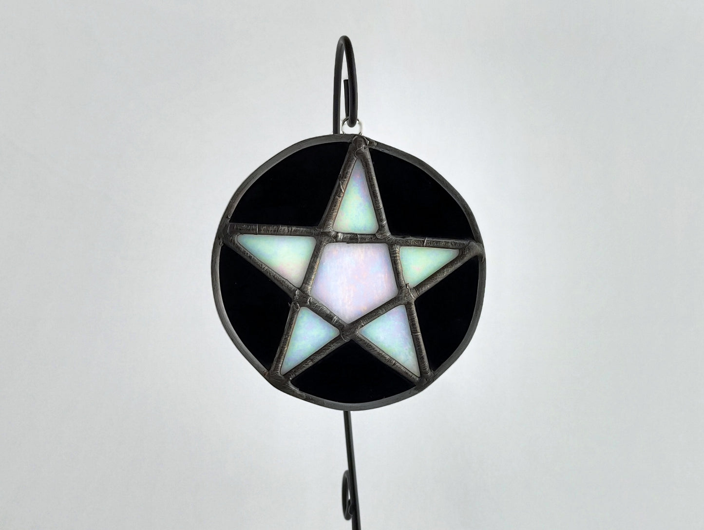 Pentacle Suncatcher - Black and White Iridescent Stained Glass