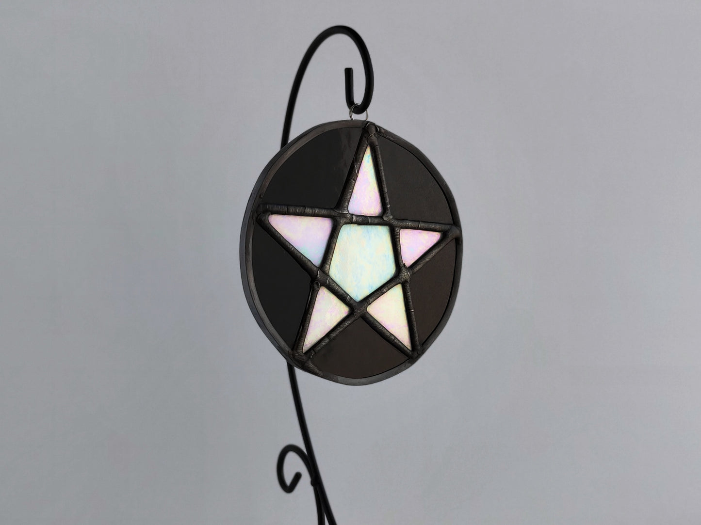 Pentacle Suncatcher - Black and White Iridescent Stained Glass