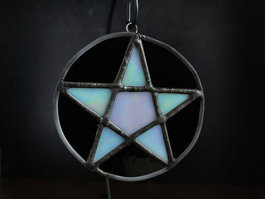 Pentacle Suncatcher - Black and White Iridescent Stained Glass